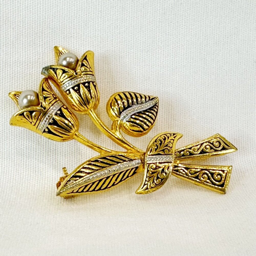 Vintage Damascene Style Tulip Floral Brooch Pin Pearls Black Gold Silver READ
